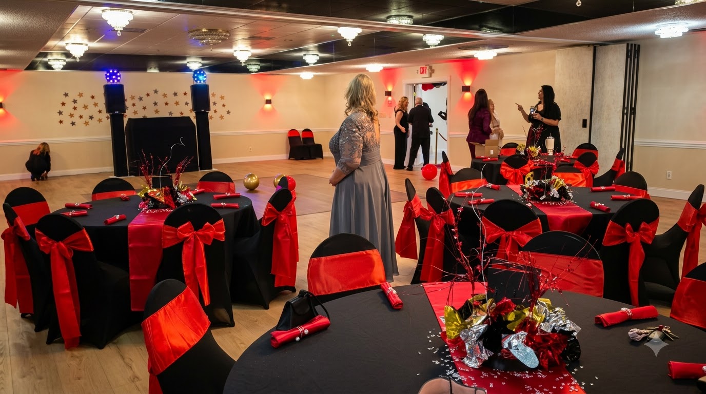 Trio's banquet hall prepared for an event